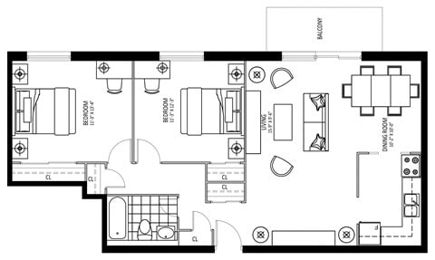 Floor plan for 2 beds, 1 bath, 940 sqft